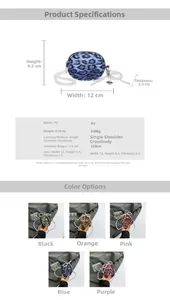 Size chart and specifications for leopard print mini bag with pearl chain details