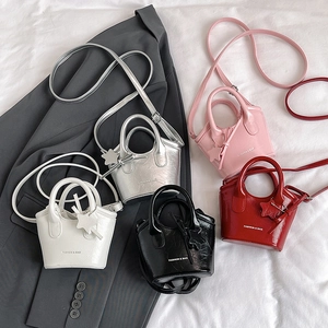 Mini Bucket Bag Crinkled PU Leather Metallic Handheld Crossbody With Star Charm And Butterfly Knot Elegant