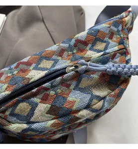 Close-up of smooth blue zipper and bohemian geometric woven pattern on the crossbody bag