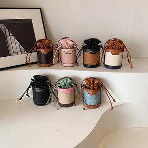 Kids Mini Bucket Bag PU Leather Drawstring Color Block Shoulder Crossbody Purse For Toddler Girls Trendy