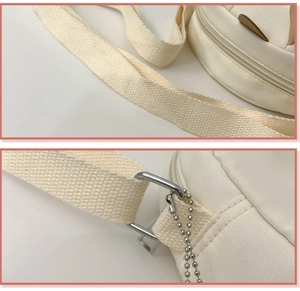 Détail du sac à bandoulière en toile blanc cassé avec boucles et chaîne à perles