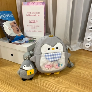 Cartoon Penguin Shaped Crossbody Bag Nylon Transparent PVC Window Colorful Plush Balls Girls Cute Shoulder Bag With Pendant
