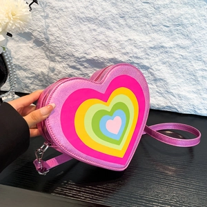 Heart Shaped Shoulder Bag PU Leather Rainbow Pattern Y2K Sweet Crossbody Purse Fashion Backpack For Women Girls
