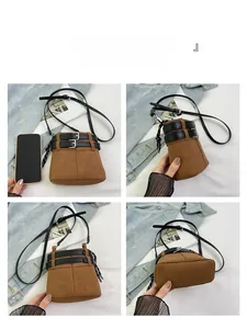 Vue détaillée sous quatre angles d'un sac seau en daim marron avec boucles noires
