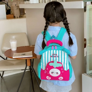 Kids strawberry stripe backpack in blue and pink with cute cartoon design and wide straps