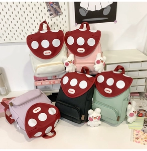 Detailed collection of colorful mushroom backpacks in white pink purple and green colors
