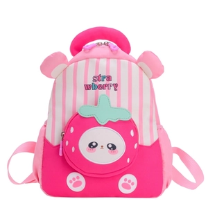 Cute strawberry-shaped striped toddler backpack with pink and white vertical patterns