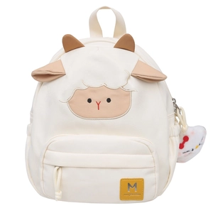 Niedlicher cremefarbener Lamm-Rucksack aus Canvas für Damen mit 3D-Ohren und Katzenanhänger