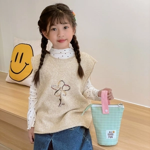 Sac à bandoulière enfant à carreaux et gilet brodé au style frais japonais