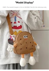 Detailed view of kids cartoon biscuit crossbody bag with plush limbs and adjustable strap