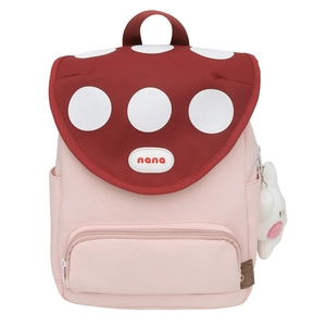 Pink Japanese cartoon backpack with red mushroom lid and white cloud plush charm
