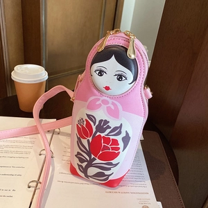 Russian Matryoshka Doll Shape Crossbody Bag PU Leather Funny Vintage Floral Print Women Shoulder Pouch Unique Gift