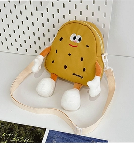 Detail of yellow potato character crossbody bag with cute embroidery and 3D stuffed limbs