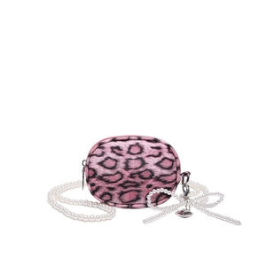 Pink leopard print mini bag with faux pearl chain strap and beaded bow detail