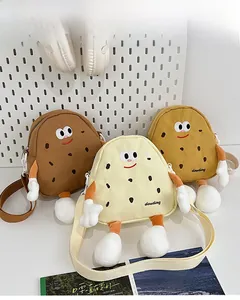 Detailed flat lay of three cute cartoon cookie crossbody bags in canvas with soft 3D limbs