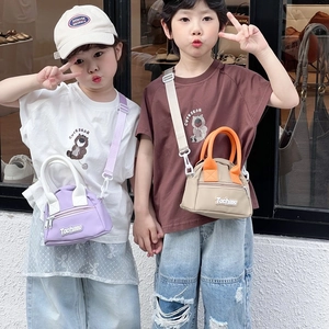 Stylish 2025 kids shoulder bags in purple and orange color-block styles for boys and girls