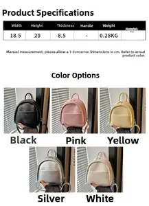 Size chart and dimensions for the minimalist PU leather mini backpack in five colors