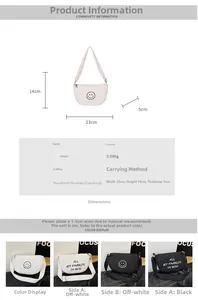 Detailed size specifications for a canvas crossbody bag with cute smiley embroidery