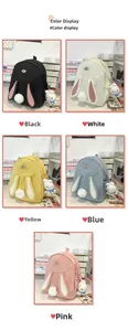 Detail view of cute rabbit backpacks in five colors with plush bunny ear and tail designs