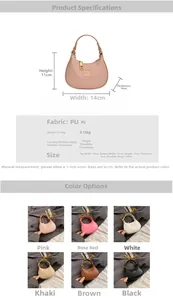 Close-up of crescent mini PU leather child bag with size specs and metal chain detail