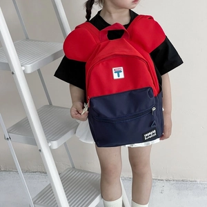 Kids contrast color backpack with round ears and red blue panels for school children