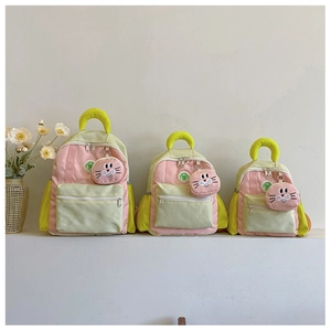 Detailed comparison of three sizes of contrast color kids backpacks with rabbit charms