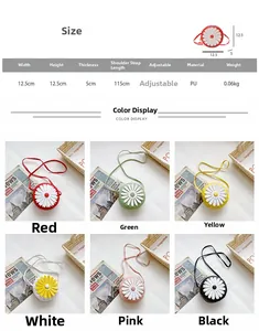 Detailed spec sheet for mini daisy PU leather crossbody bag with color options