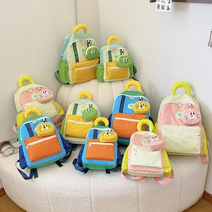 Cute Color Block Kids Backpack Nylon Breathable Schoolbag Kindergarten Travel Bag With Animal Pendant Decoration