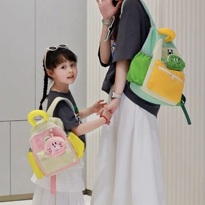 Matching parent-child colorblock backpacks with cute 3D cartoon animal pouch charms