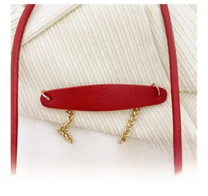 Detailed macro shot of red leather bag part with a fine golden braided metal chain