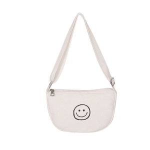 Kids white canvas crossbody bag with cute smiley face print and adjustable strap