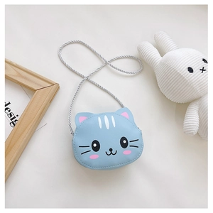Detail of light blue cat-shaped kids mini crossbody bag with cute whiskers and pink ears