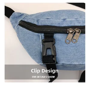 Dettaglio della fibbia nera e della cerniera sulla borsa a tracolla in denim per bambini