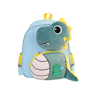 Zaino per bambini a forma di dinosauro azzurro con dettagli in peluche e tasca laterale