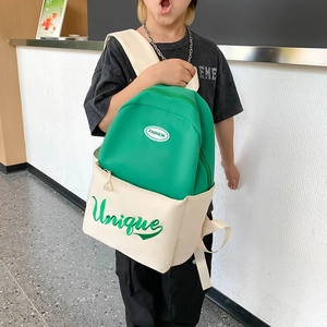 Large capacity green and cream contrast school backpack with unique letter embroidery