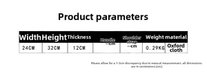 Size guide for Oxford cloth kids backpack detailing width, height, and product dimensions