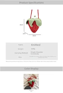 Detail view of strawberry-shaped knitted bag with dimensions and styling scenario