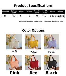 Detailed size chart for the minimalist kids' canvas shoulder bag in multiple colors