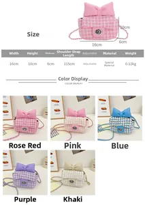 Size guide for girls tweed bow bag showing dimensions and five color options