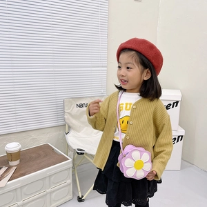 Girl's mustard yellow knitted cardigan with flower bag and red beret outfit set