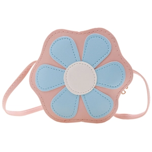 Pink flower shaped crossbody bag for kids featuring blue petals and high quality PU leather