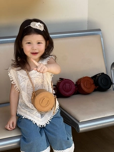 Mini round PU leather crossbody bags for kids in khaki, wine red, brown and black colors