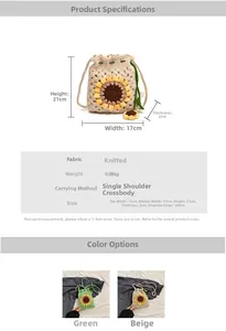 Detail view showing dimensions and materials of hand-knitted sunflower bucket bags