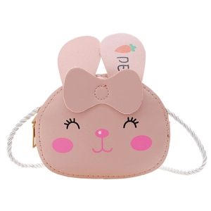 Pink bunny shaped crossbody bag for kids with cute carrot print ears and rope strap