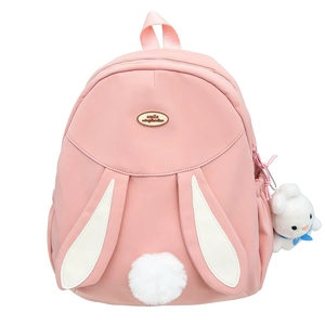 Pink rabbit backpack with cute long ears, fluffy plush charm, and large capacity design