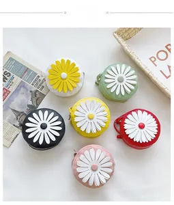 Detailed top view of six colorful mini round daisy bags in PU leather finish