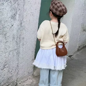Retro brown half-moon chain bag for kids in premium faux leather with gold metal strap