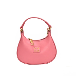 Pink lychee grain leather mini hobo bag for kids with gold ARIR logo and zipper