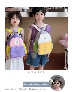 Detailed view of color-block school backpacks worn by children for size reference