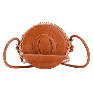 Brown round crossbody bag for kids with chain detail and embossed logo on white background